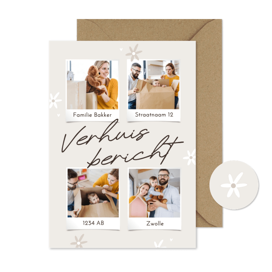 Verhuiskaart collage verhuisbericht kleine bloemetjes grijs - Kaartimpressie
