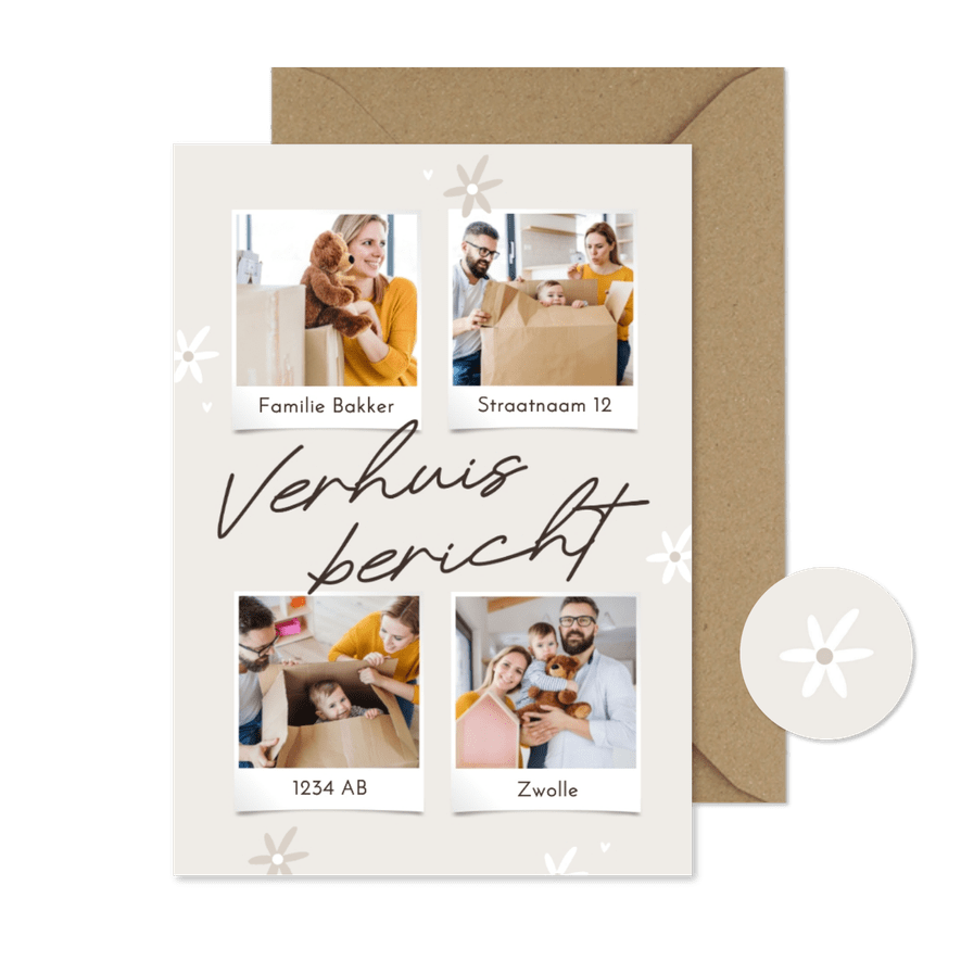Verhuiskaart collage verhuisbericht kleine bloemetjes grijs - Kaartimpressie