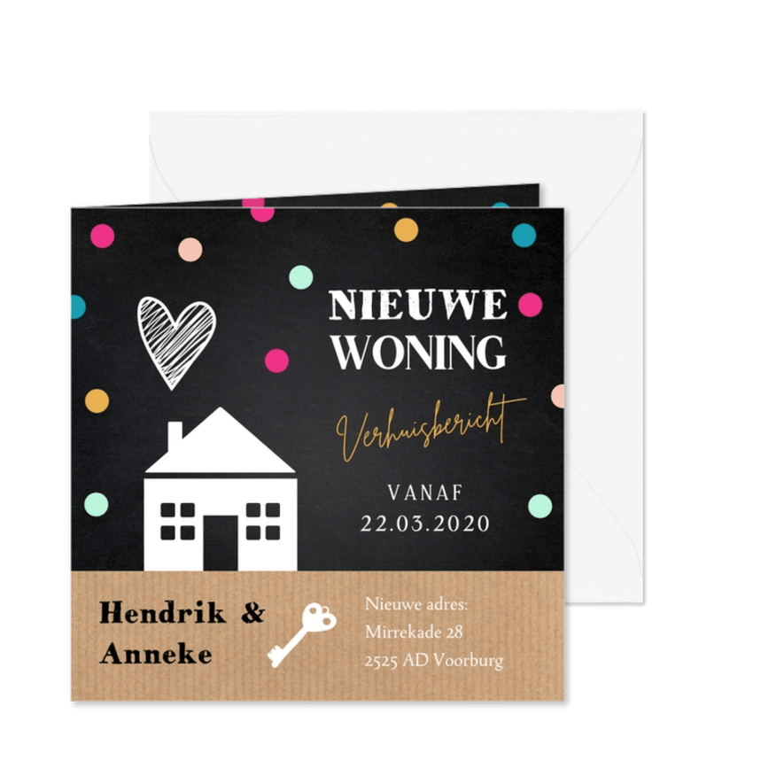Verhuiskaart confetti huisje krijtbord kraftlook - Kaartimpressie