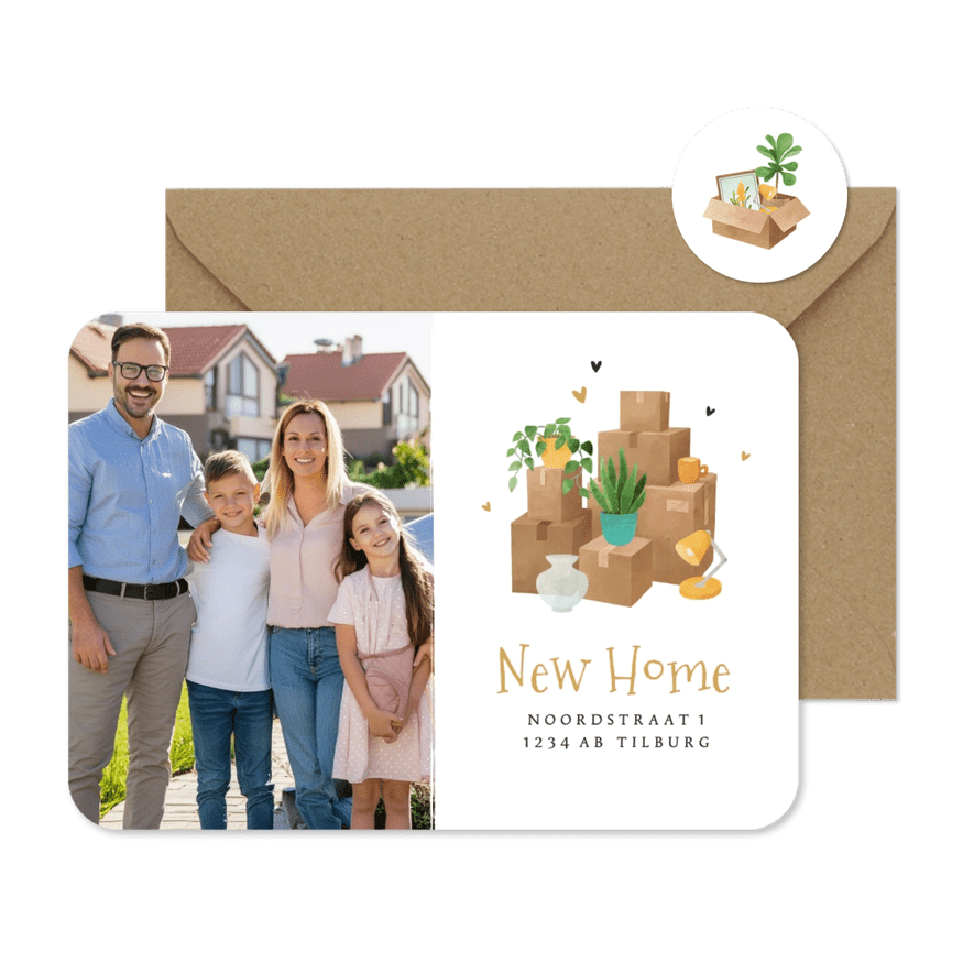 Verhuiskaart dozen planten nieuwe stek adreswijziging foto - Kaartimpressie
