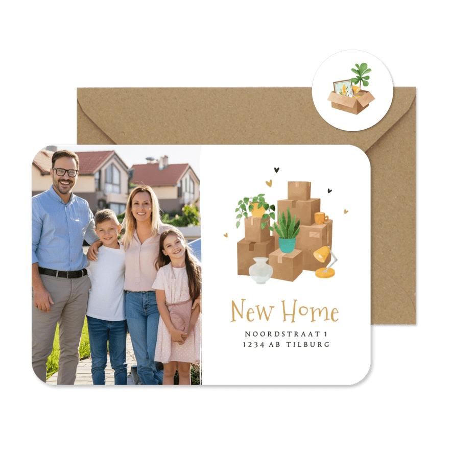 Verhuiskaart dozen planten nieuwe stek adreswijziging foto - Kaartimpressie
