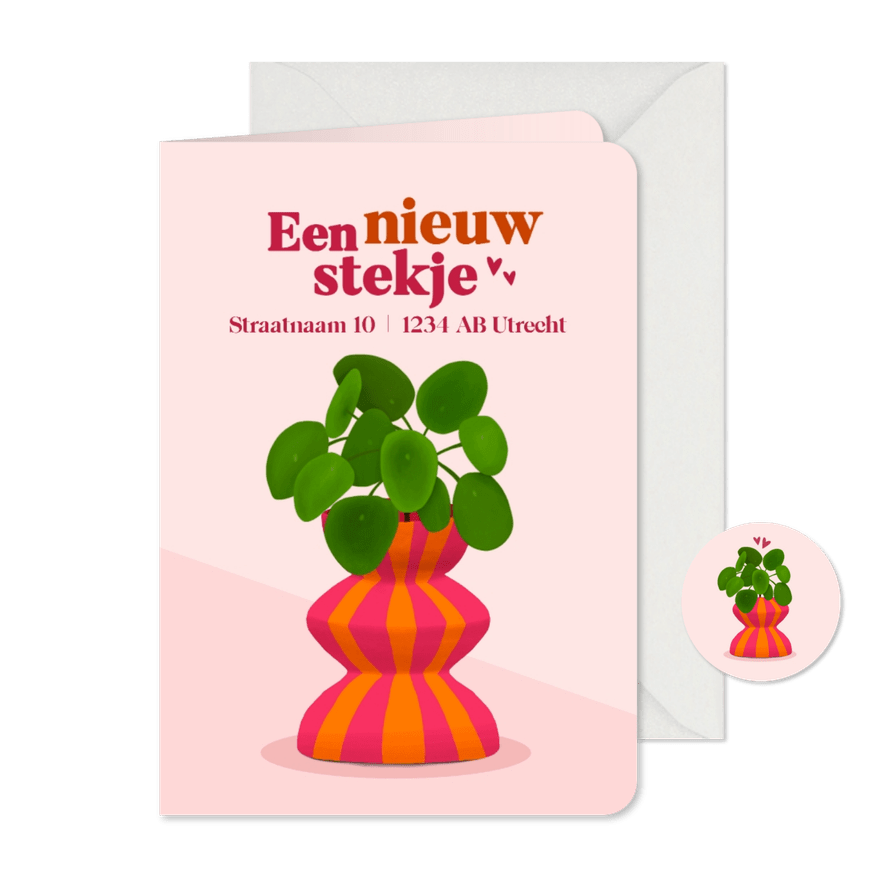 Verhuiskaart een nieuw stekje met een plant in moderne pot - Kaartimpressie