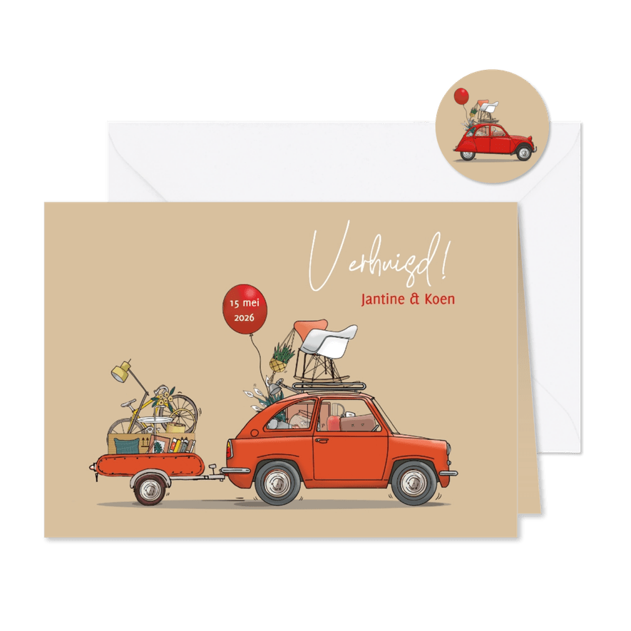 Verhuiskaart eendje met aanhangwagen - Kaartimpressie