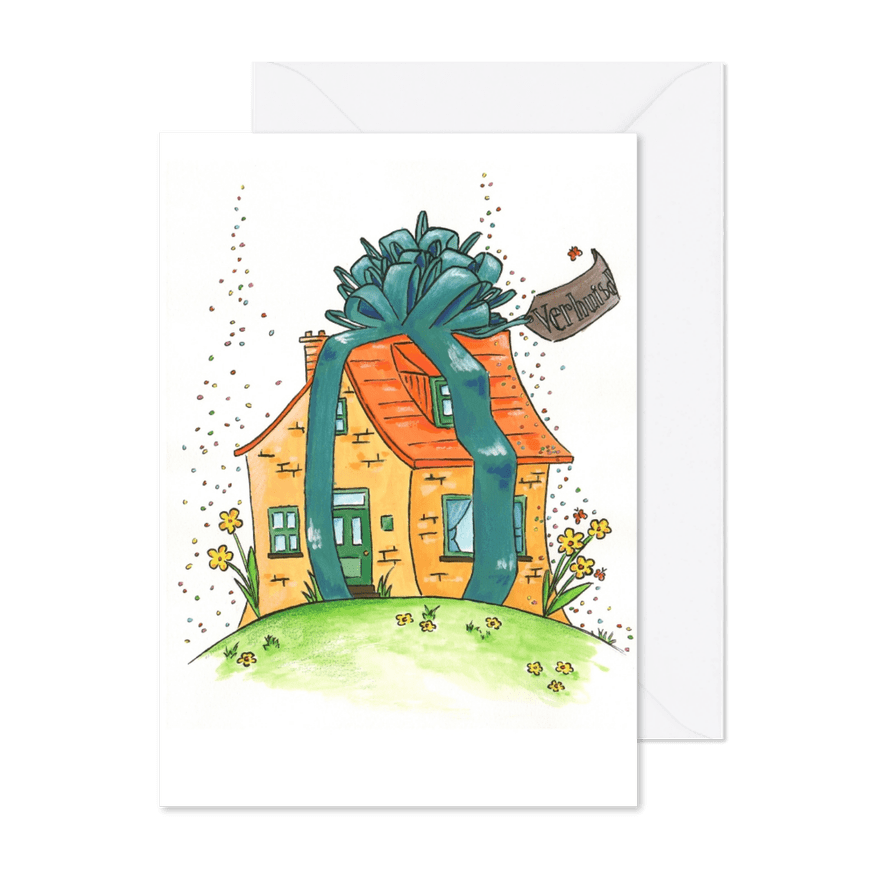 Verhuiskaart feestelijk huis met lint - Kaartimpressie
