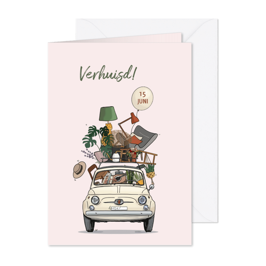 Verhuiskaart Fiat 500 beige met verhuisspullen - Kaartimpressie