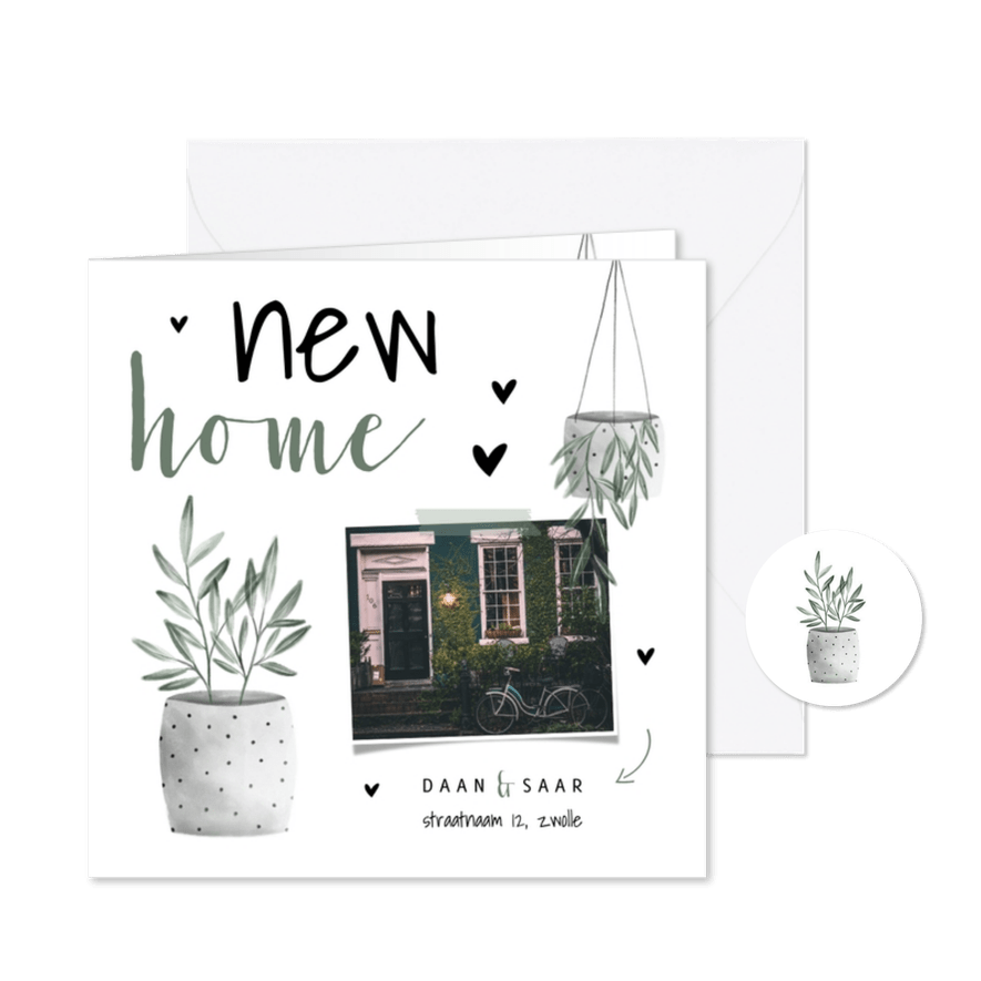 Verhuiskaart foto new home met hartjes en planten - Kaartimpressie