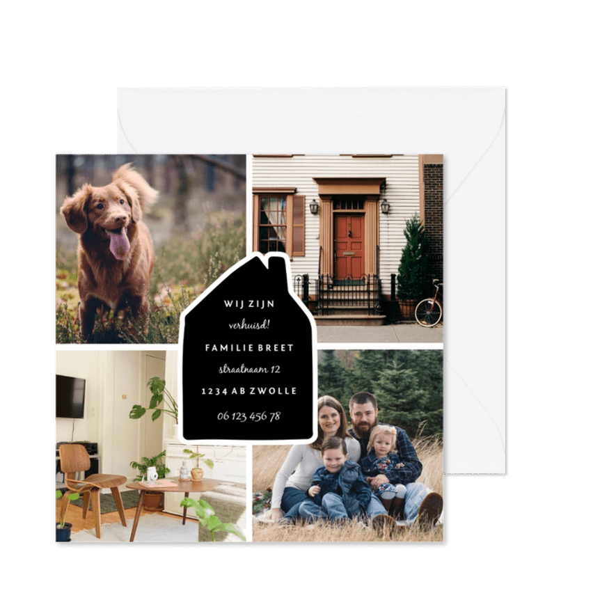 Verhuiskaart fotocollage 4 foto's met huisje - Kaartimpressie