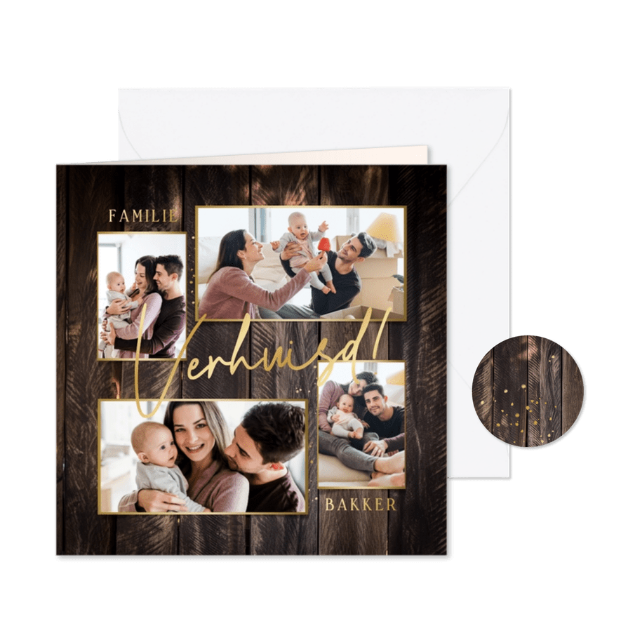 Verhuiskaart fotocollage donker hout goud - Kaartimpressie