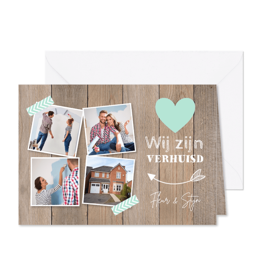 Verhuiskaart fotocollage houtlook - Kaartimpressie