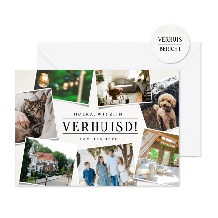 Verhuiskaart fotocollage losse foto's met tekst en namen - Kaartimpressie