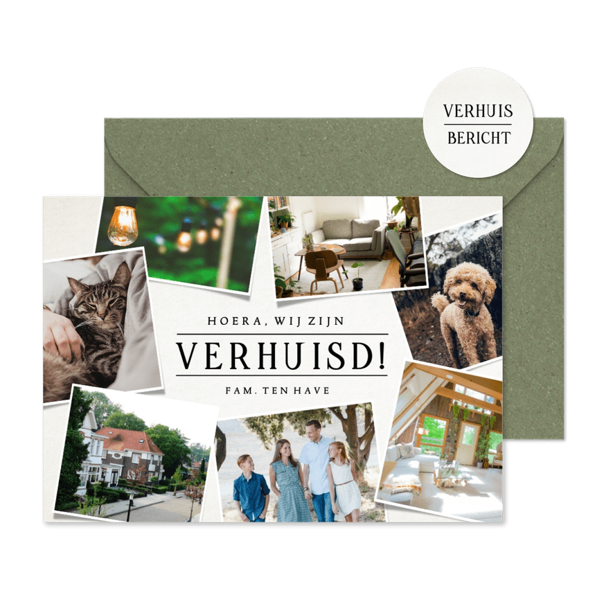 Verhuiskaart fotocollage losse foto's met tekst en namen - Kaartimpressie