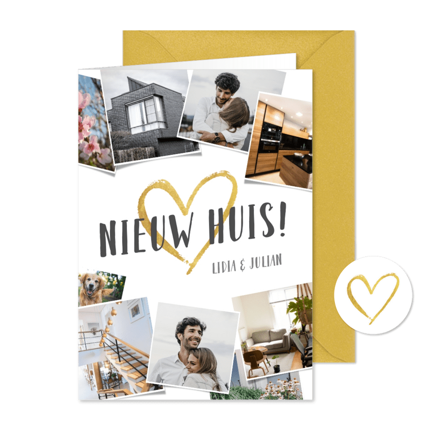 Verhuiskaart fotocollage met foto's en gouden hart - Kaartimpressie