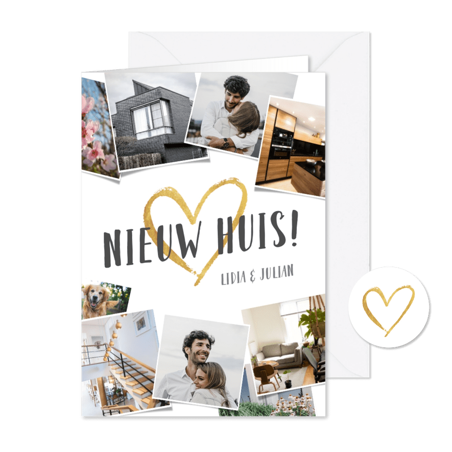 Verhuiskaart fotocollage met foto's en gouden hart - Kaartimpressie