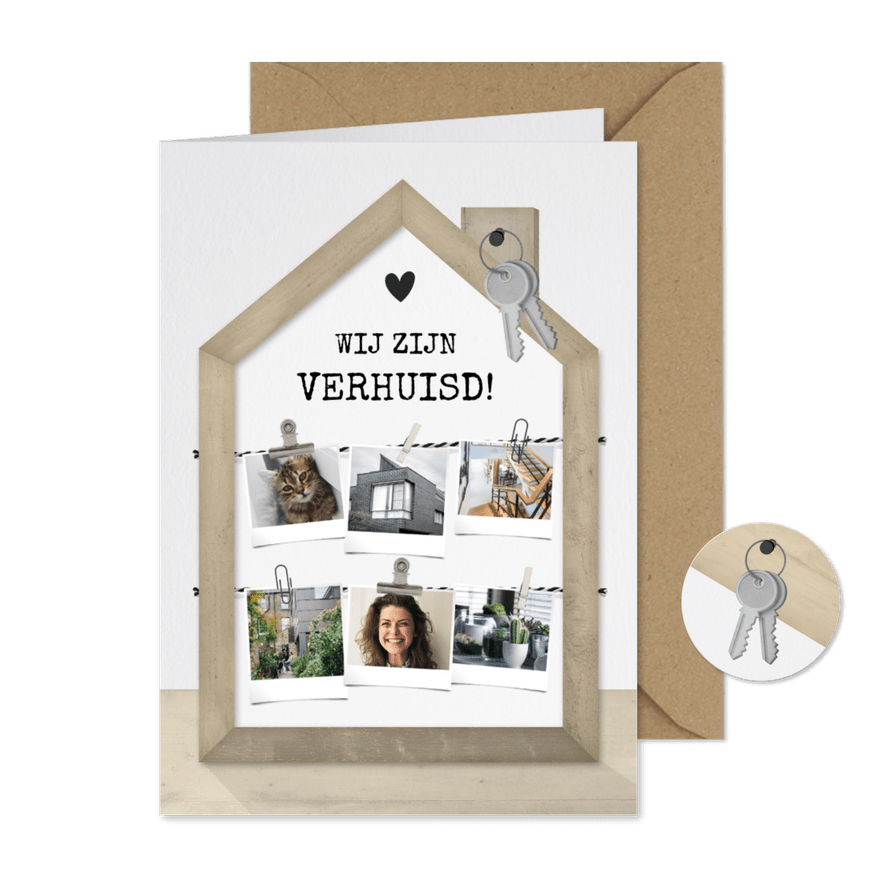 Verhuiskaart fotolijst houten huisje met fotocollage - Kaartimpressie