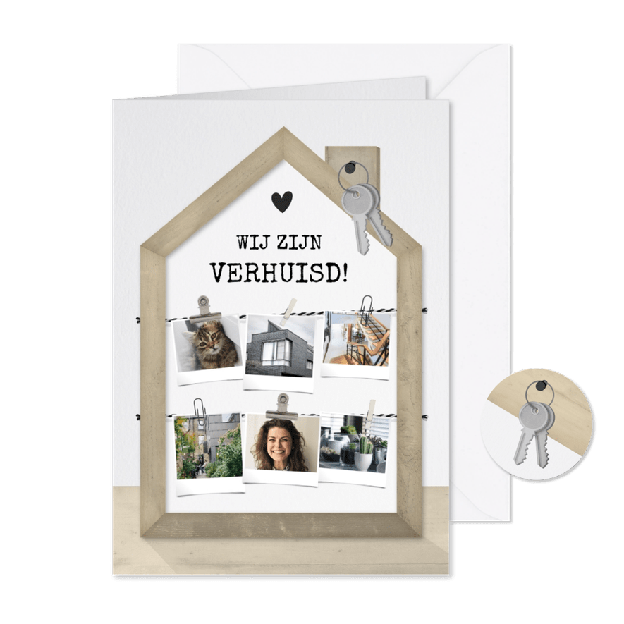 Verhuiskaart fotolijst houten huisje met fotocollage - Kaartimpressie