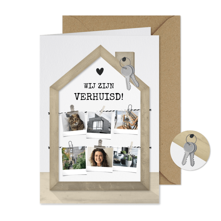 Verhuiskaart fotolijst houten huisje met fotocollage - Kaartimpressie