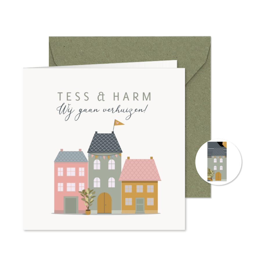 Verhuiskaart gekleurde huisjes en vlaggetjes - Kaartimpressie