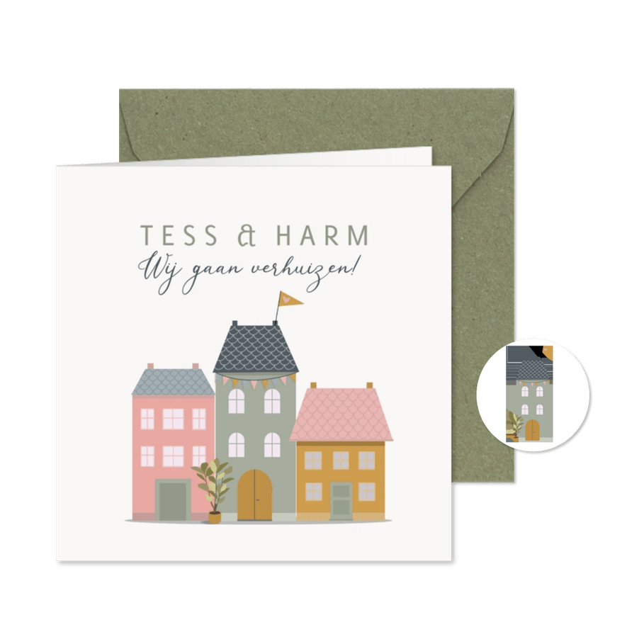 Verhuiskaart gekleurde huisjes en vlaggetjes - Kaartimpressie