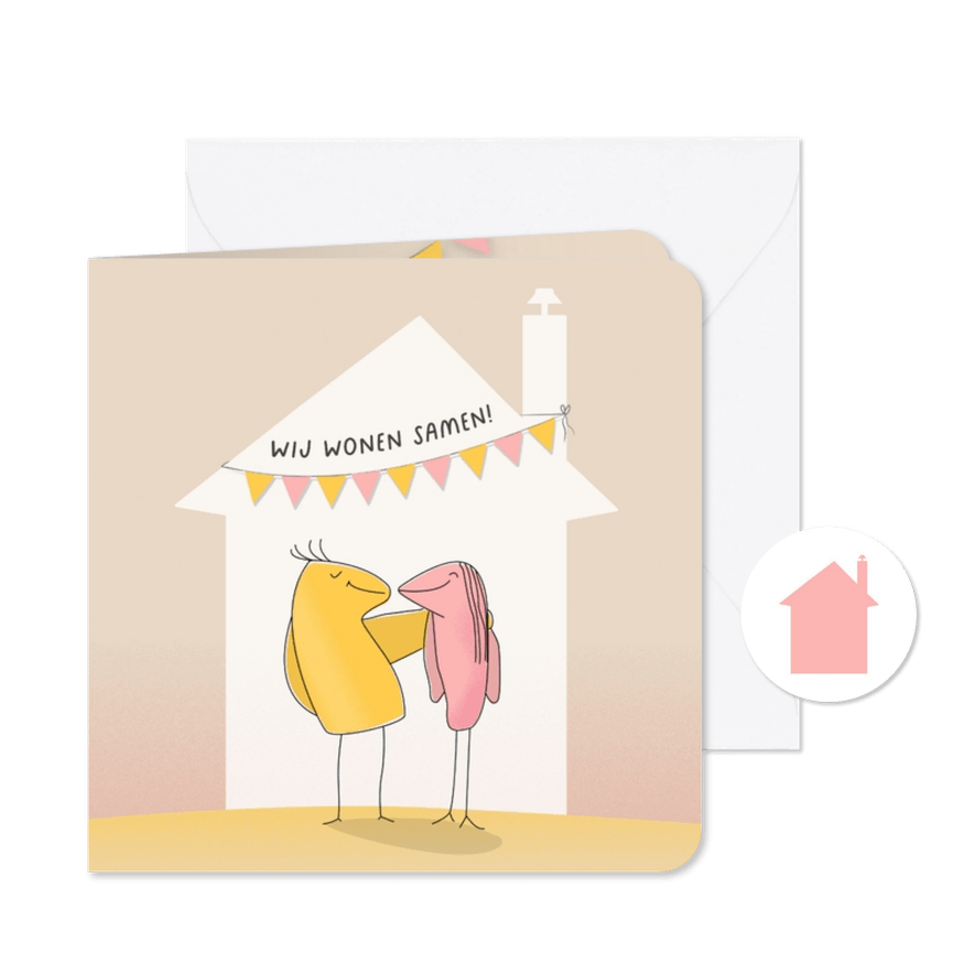 Verhuiskaart getekende lovebirds voor huis met slingers - Kaartimpressie