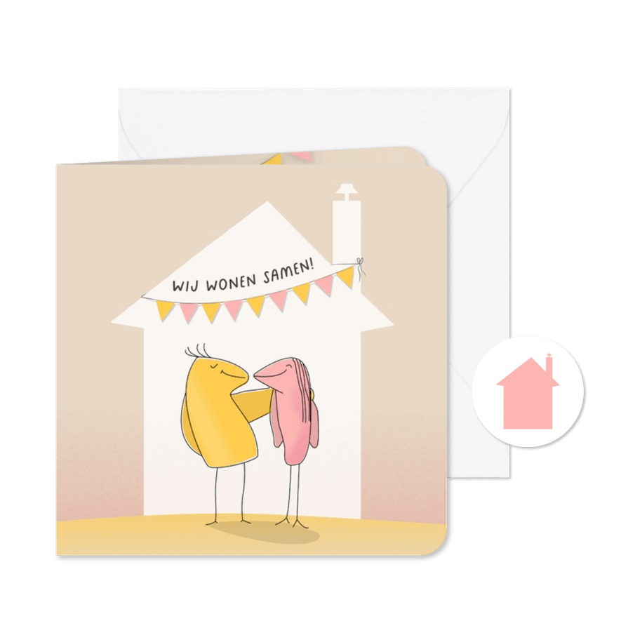 Verhuiskaart getekende lovebirds voor huis met slingers - Kaartimpressie