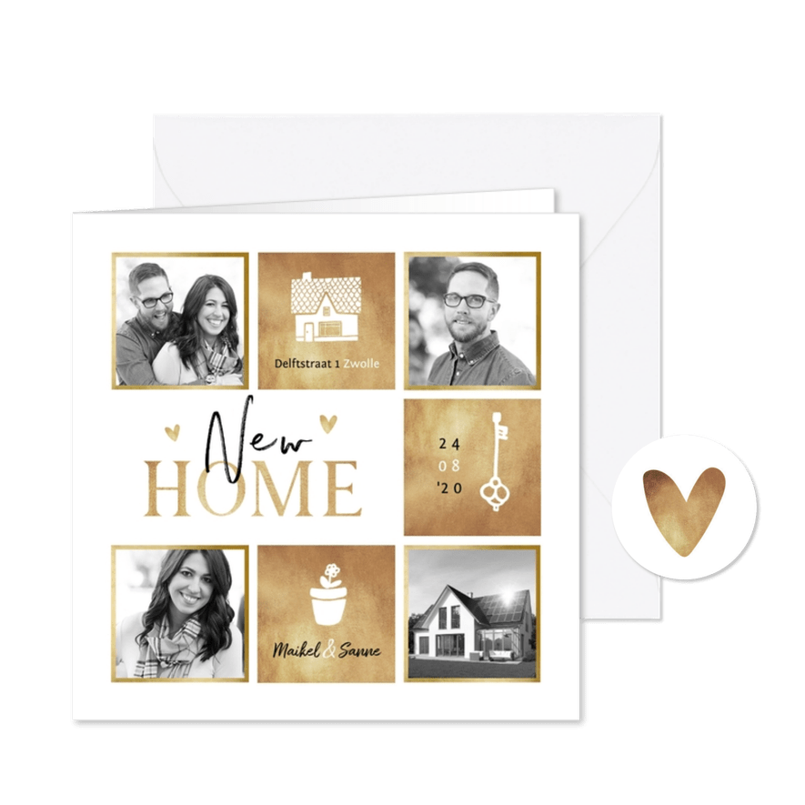 Verhuiskaart goud fotocollage hartjes huis sleutel plant - Kaartimpressie