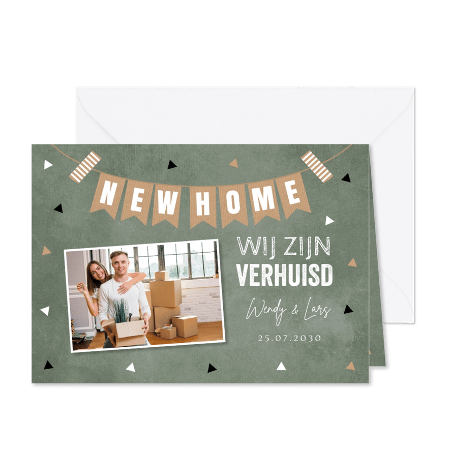 Verhuiskaart groen foto slinger driehoekjes - Kaartimpressie