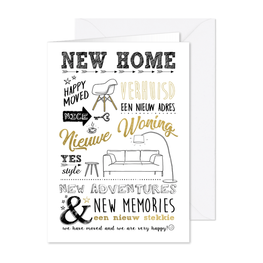 Verhuiskaart handlettering goudkleurig  - Kaartimpressie