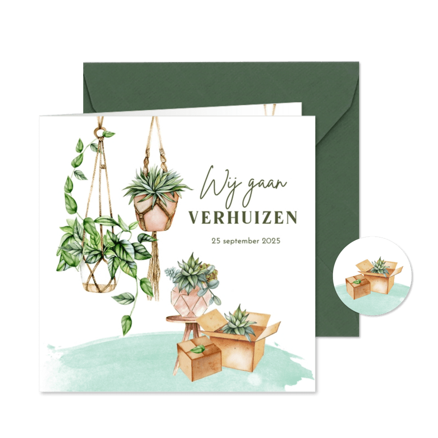 Verhuiskaart hangplanten macramé - Kaartimpressie