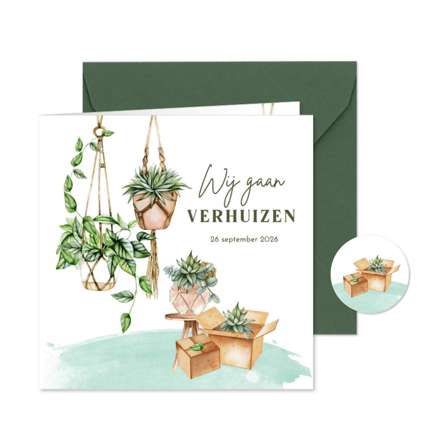 Verhuiskaart hangplanten macramé - Kaartimpressie