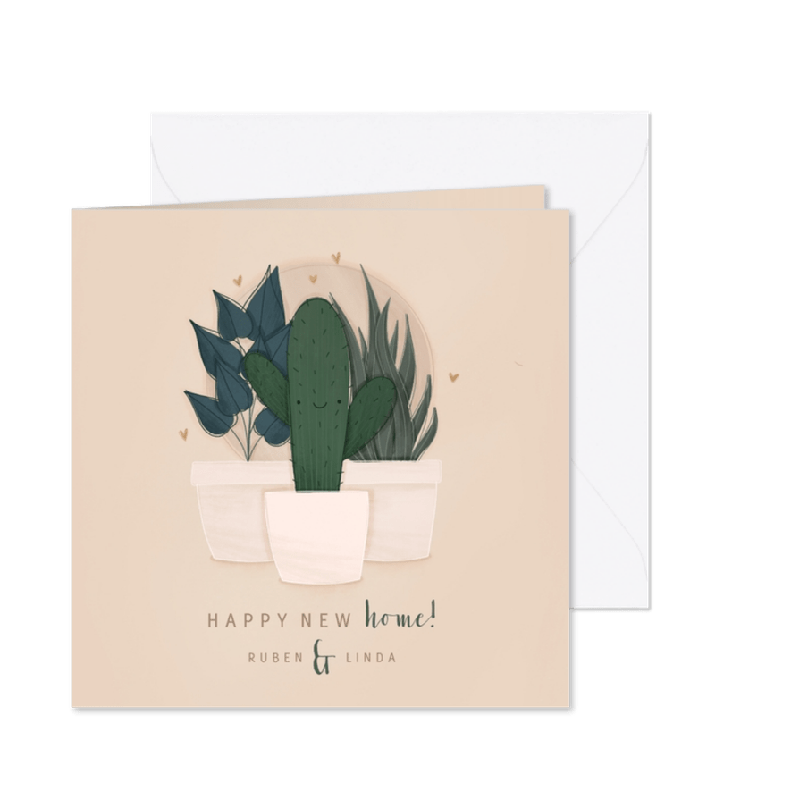 Verhuiskaart happy new home met plantjes - Kaartimpressie