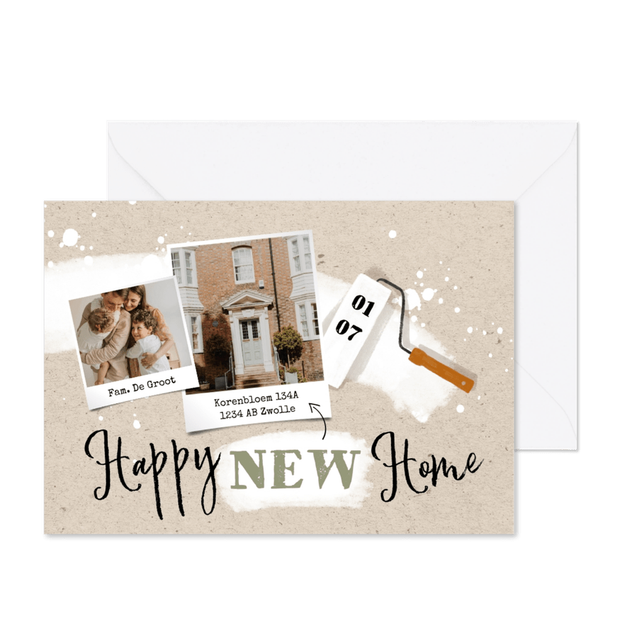Verhuiskaart 'Happy new home' met verfroller en spetters - Kaartimpressie