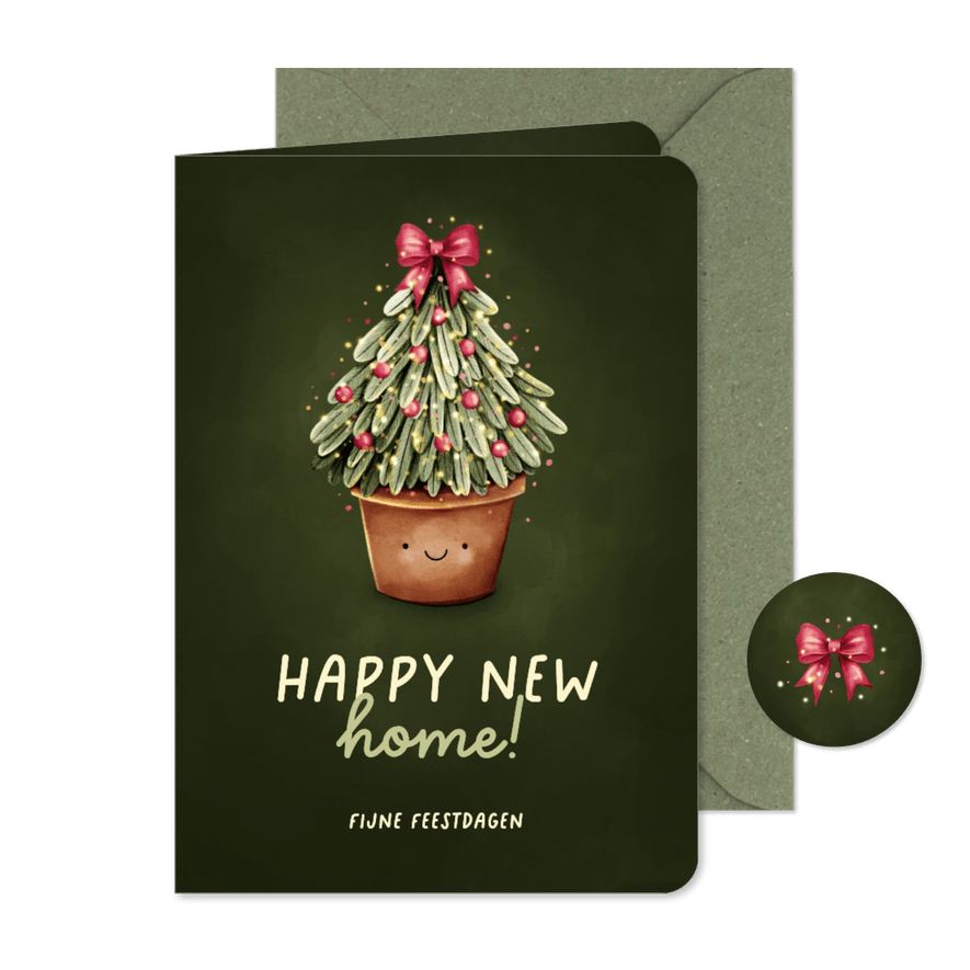 Verhuiskaart happy new home met vrolijke kerstboom - Kaartimpressie