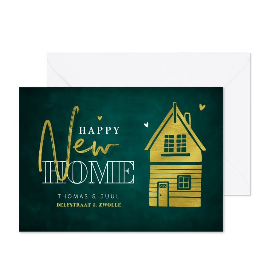 Verhuiskaart happy new home stijlvol goud groen huisje - Kaartimpressie
