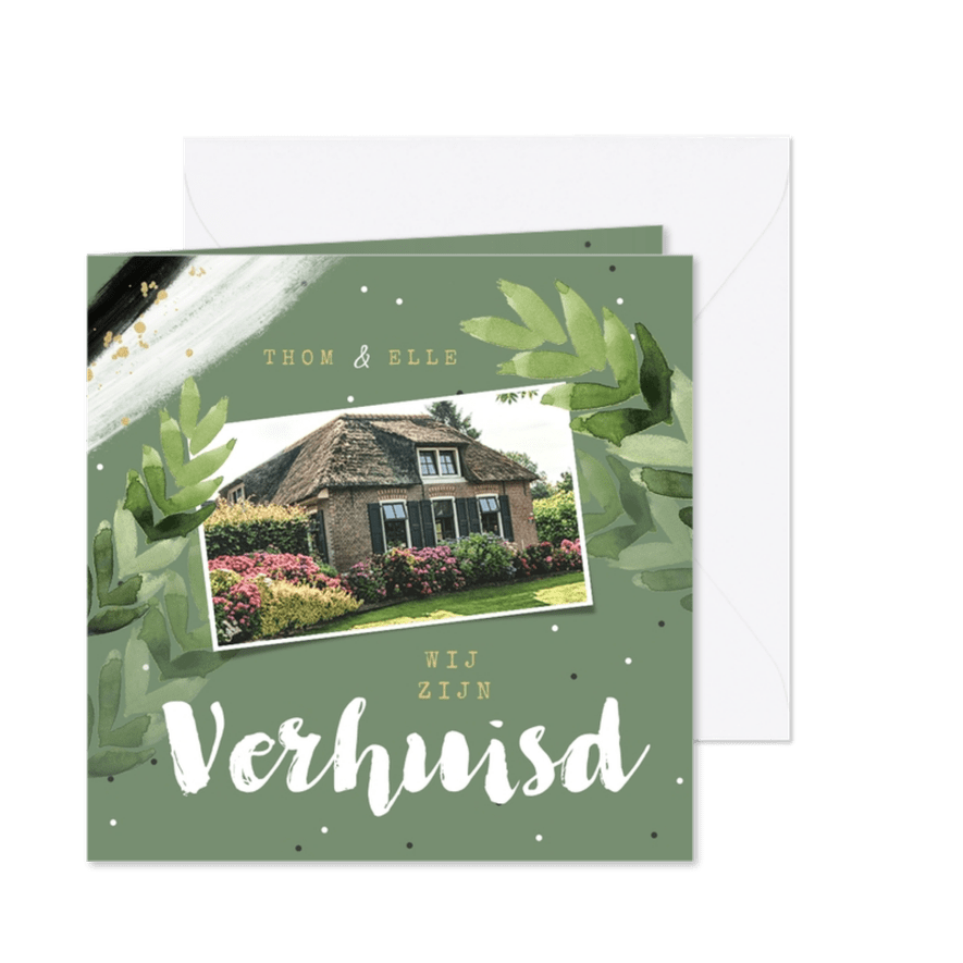 Verhuiskaart hip botanisch groen bladeren confetti foto - Kaartimpressie