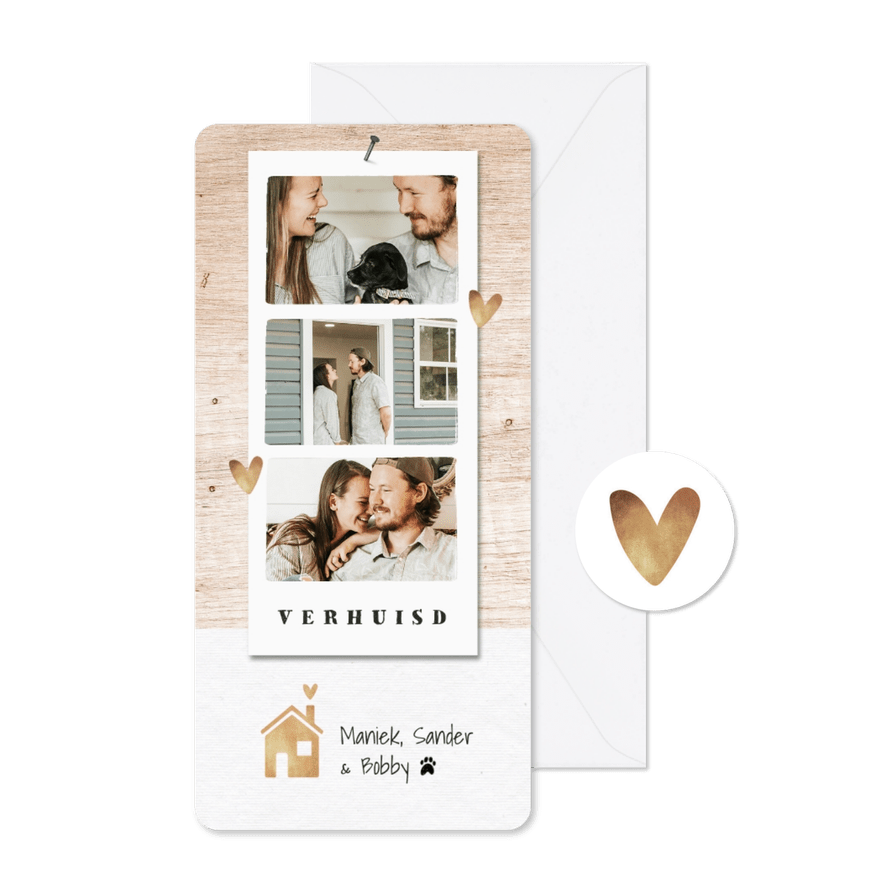 Verhuiskaart hip fotocollage goudlook hout huisje - Kaartimpressie