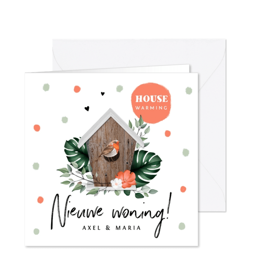 Verhuiskaart hip met vogelhuisje en roodborstje - Kaartimpressie