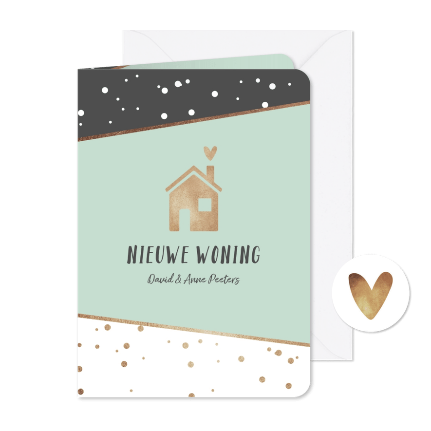 Verhuiskaart hip stijlvol stipjes goud huisje hartje - Kaartimpressie