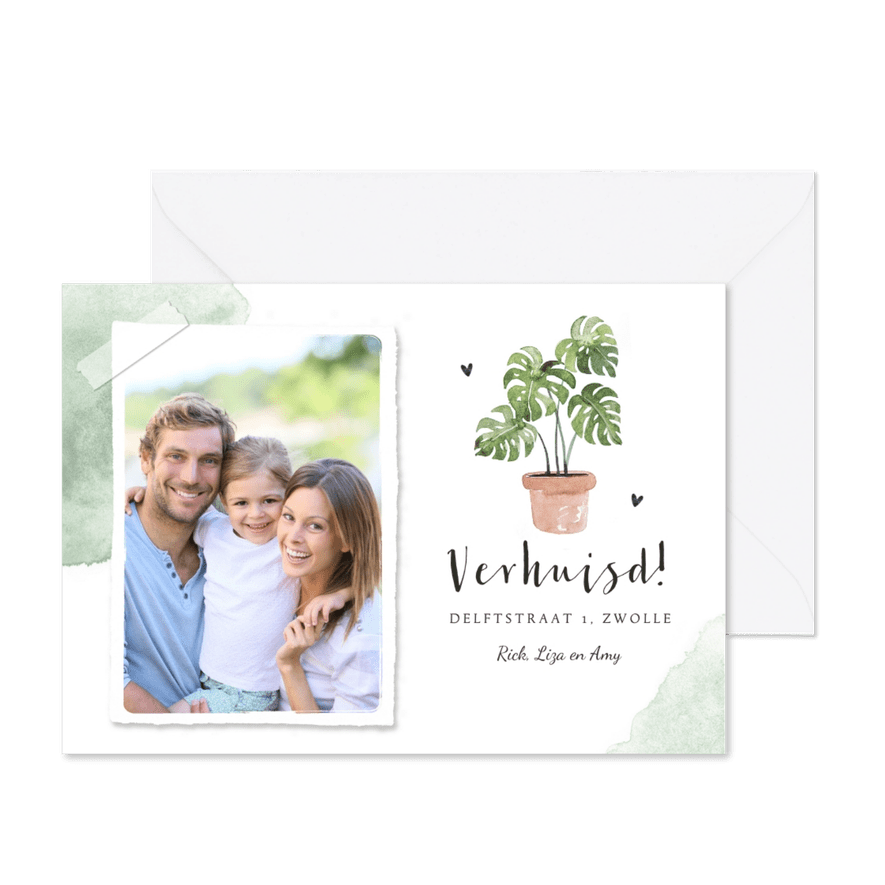 Verhuiskaart hip waterverf plant foto hartjes - Kaartimpressie