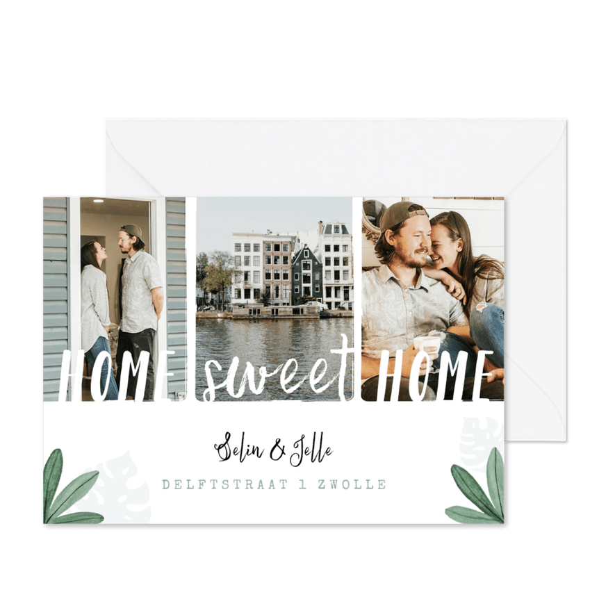 Verhuiskaart home sweet home fotocollage blaadjes - Kaartimpressie