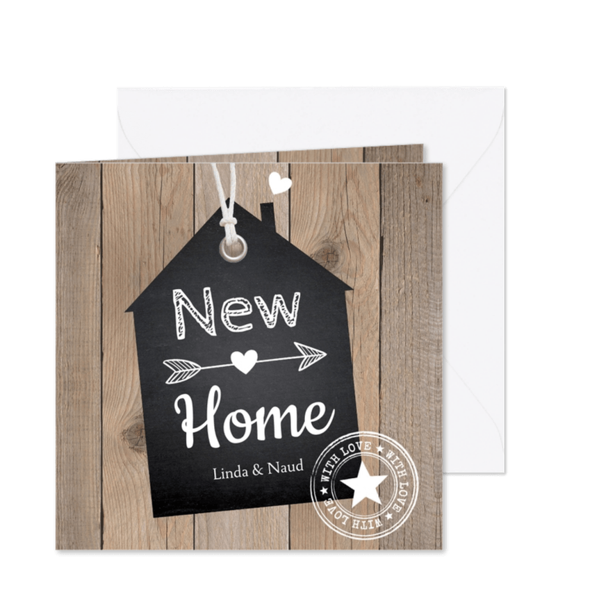 Verhuiskaart houtlook huisje zwart "new home" - Kaartimpressie