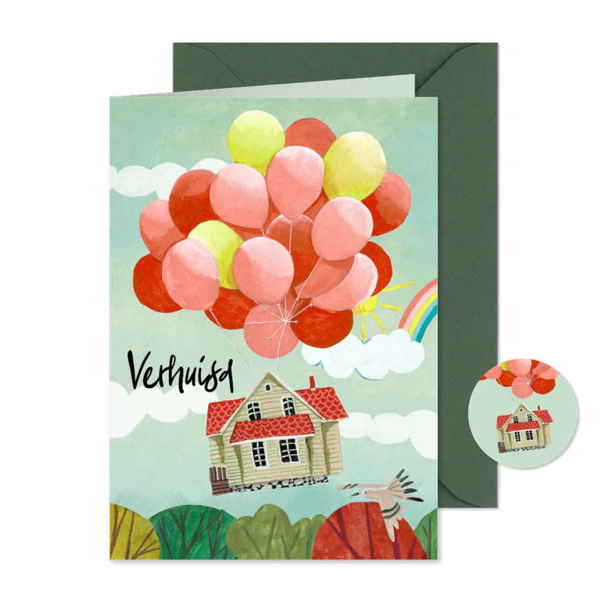 Verhuiskaart huis aan ballonnen in de lucht - Kaartimpressie
