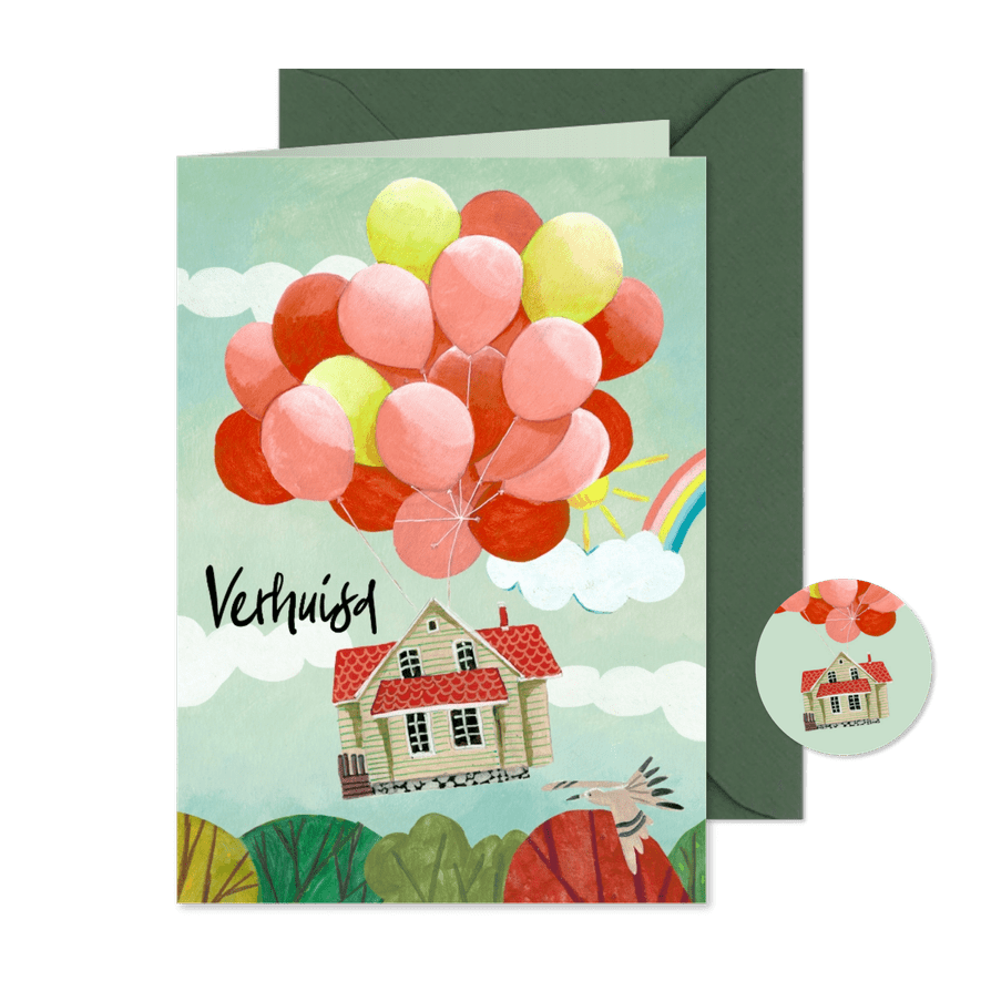 Verhuiskaart huis aan ballonnen in de lucht - Kaartimpressie