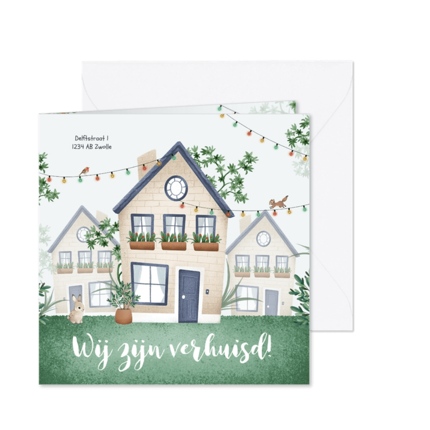Verhuiskaart huis illustratie feest dieren planten - Kaartimpressie