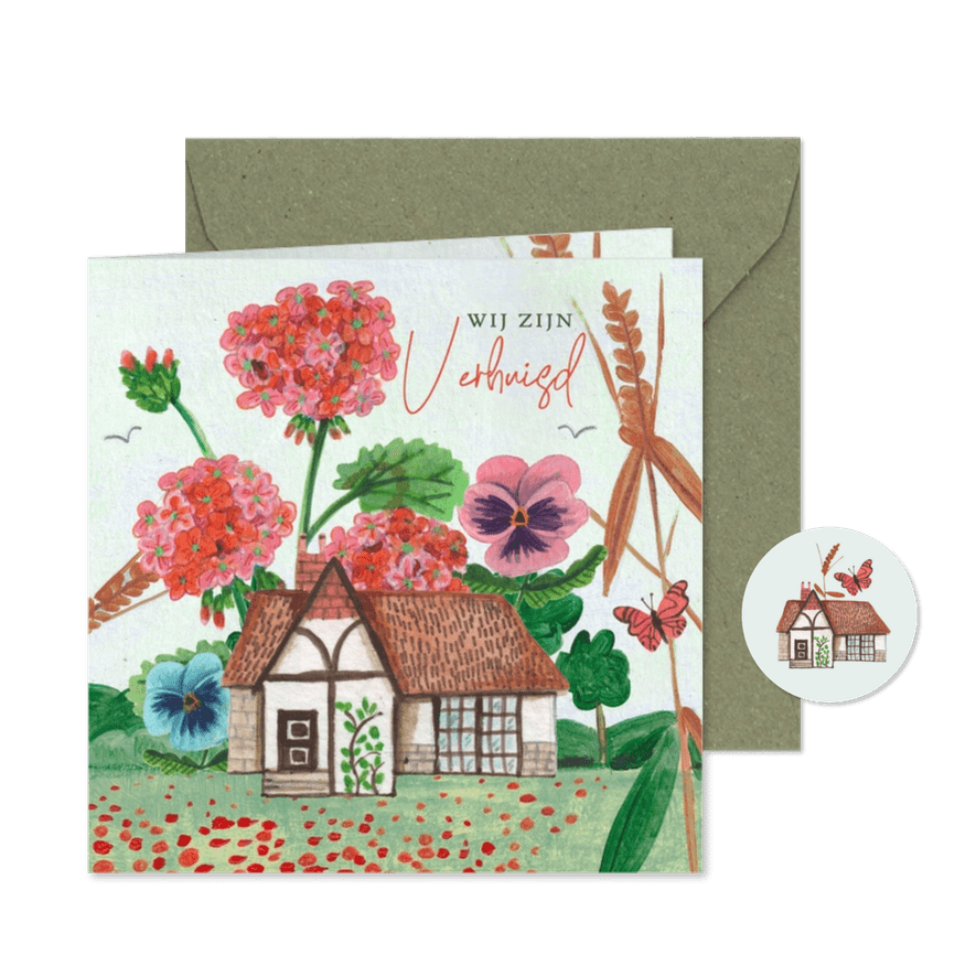 Verhuiskaart huis in landschap met bloemen - Kaartimpressie