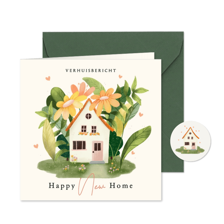 Verhuiskaart huis met grote bloemen planten en hartjes - Kaartimpressie