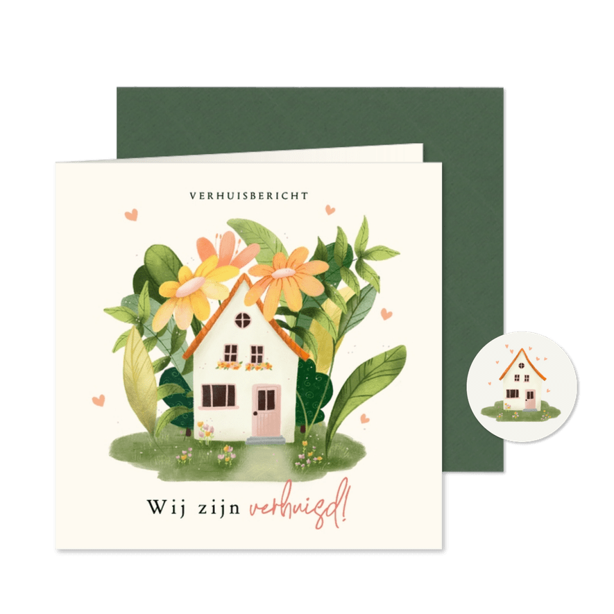Verhuiskaart huis met grote bloemen planten en hartjes - Kaartimpressie