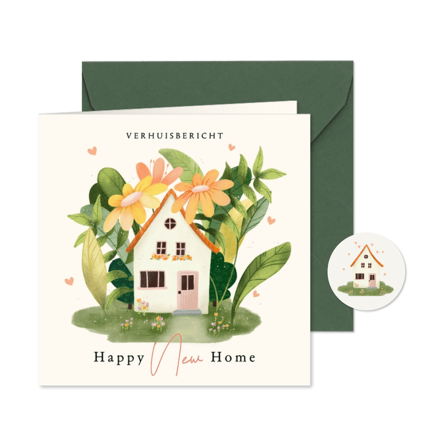 Verhuiskaart huis met grote bloemen planten en hartjes - Kaartimpressie