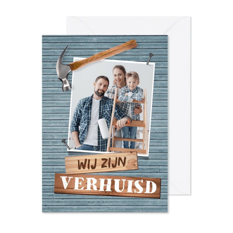 Verhuiskaart huis verbouwing klussen foto hamer hout - Kaartimpressie