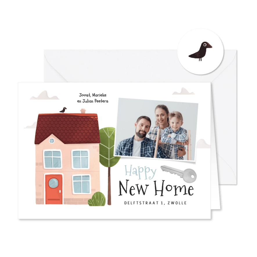 Verhuiskaart huis vogeltje housewarming sleutel foto - Kaartimpressie