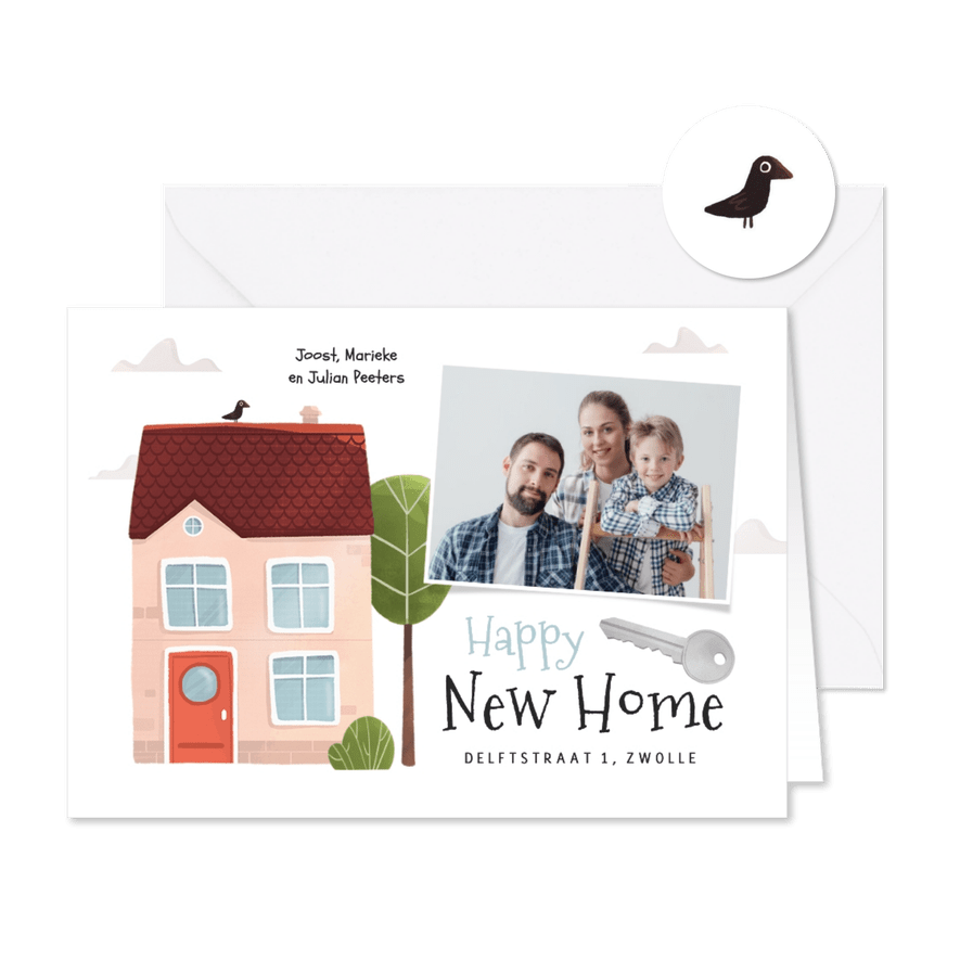 Verhuiskaart huis vogeltje housewarming sleutel foto - Kaartimpressie